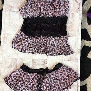Pink and Black Lace Top and Skirt Set